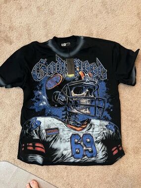 Godspeed Men's Black Graphic Football Skeleton Tee - Blue Accents
